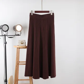 Koreansk mode Efterår Høje taljeret jacquard elegante plisserede lang Strik nederdel vinter A-Linje Bomuld lang Vintage nederdele til kvinder