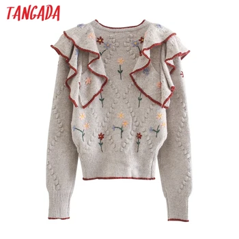 Tangada Kvinder, Blomster, Flæser Strikket Cardigan Sweater, Jumper Vintage-Lange Ærmer-Knap-op Kvindelige Overtøj 3L04