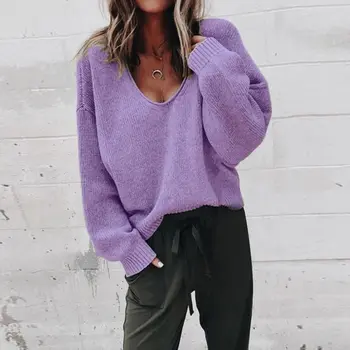 Casual-Strikkede Sweater Kvinder Streetwear V-Hals langærmet Trøjer Løs Solid Frakke 2019 Efterår og Vinter Kvinder Sweater