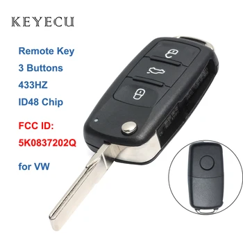 Keyecu Fjernstyret Bil Key Fob 3 Knapper, 434MHZ ID48 for Volkswagen Beetle Caddy Golf Jetta 2011 2012 2013, 5K0 837 202 Q, 5K0837202Q