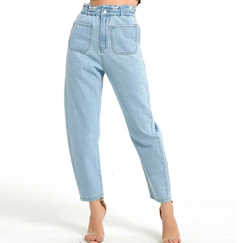Kvinders Plus Size Høj Talje Boyfriend Jeans Med Elastik I Taljen, Lommer Baggy Jeans Til Kvinder Harem Jeans Denim Bukser Bukser