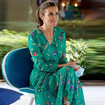 Letizia Bane Høj Kvalitet 2020 Efteråret Nye Kvinder Casual Fest Elegante Vintage Chic Uregelmæssige V-Hals Trykt Grønne Midi-Kjole