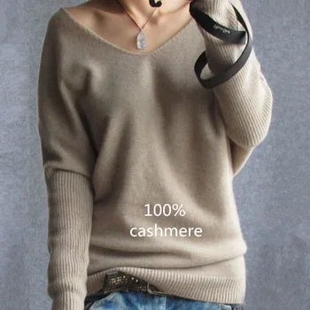 Foråret efteråret cashmere sweater kvinder mode sexet-v-hals pullover løs uld batwing ærme plus size strikket toppe