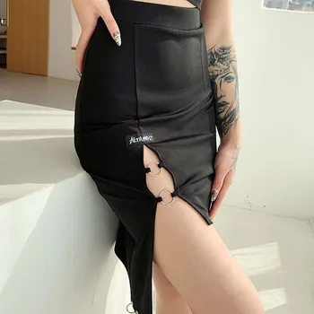 Sort Høj Slank Talje Nederdel New England-Stil Solid Farve Uregelmæssige Sexet Hem Huller Bag Hip Nederdel