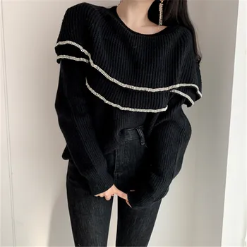 Fremmede Kitty Efteråret Alsidig Gamle Stil Dobbelt Lotus Krave Lyse Silke Sømmet Sexy Sweater 2020 Kvinder Koreanske Mode Sweater