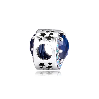 Ægte 925 Sterling Silver Moon & Night Sky Blue Crystal Charms Passer Oprindelige Armbånd Metal Perler til smykkefremstilling Kralen