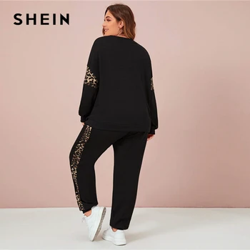 SHEIN Plus Size Sort Leopard Panel Sweatshirt og Joggere sætter Kvinder Efteråret Afslappet, Sportslig Colorblock To-delt Sæt