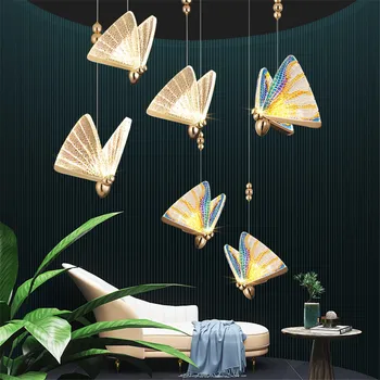 Nordisk Emalje Farve Akryl Butterfly Guld Vedhæng Lys For Hotellets Spisestue, Luksus Home Deco Sengen Led Pendel Glans