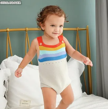 Strikkede babytøj Nyfødte Baby Sparkedragt Onesie Rainbow Baby Dreng Sparkedragt uden Ærmer Spædbarn Baby Jumpsuit Overalls 0-2Y