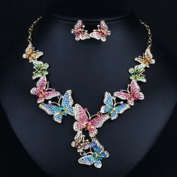 Zlxgirl smykker Hot salg farverige Sommerfugl brude smykker sæt, perfekt rhinestone krystal bryllup halskæde med øreringe bijoux