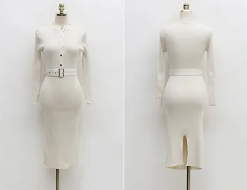 BLLOCUE Efterår og Vinter Nye Mode elegant Sweater Kjole koreanske Version Slank Single-Breasted Fashion Taske Hip Strikket Kjole