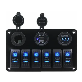 Universal 6 Bande Båden Rocker Switch Panel LED Spænding Display+5V 3.1 EN USB-Oplader+Lighter For Lastbil, Båd, Bil