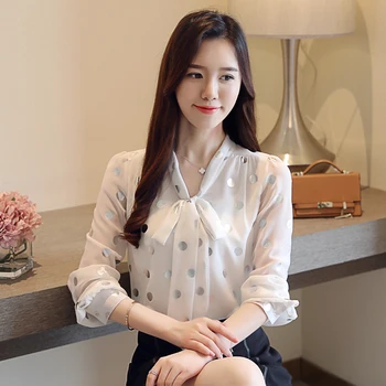 Koreanere Chiffon Kvinder Bluser Skjorter Office Lady Prik Print-Shirt, Toppe Kvinde Langærmede Bluser, Hvid Skjorte Damer Top Plus Størrelse