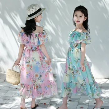 Piger Dress Boho Chiffon Kjoler Off Skulder Blomstret Kjole for Unge 10 12 Store Børn Piger Tøj Mixi Long Beach Vestidos