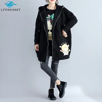 Vinter Fashion Kvinder I Stor Størrelse Tegnefilm Print Zip Langærmet Hooded Coat Kvindelige Korea Style Fleece Tyk, Løs, Afslappet Jakke