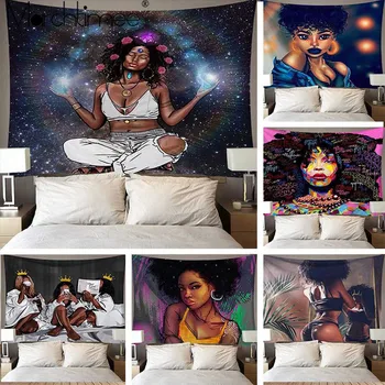Afro Afrikanske Sort Kunst Tapestry American Kvinde Dronningen Rødvin Meditation Hippie Til Hip Hop Pige Væggen Hænger Gobeliner Home Decor