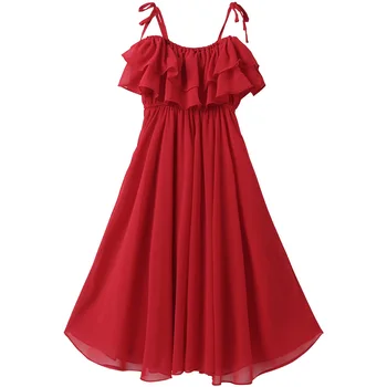 Rød lang chiffon-dress alderen 4 - 14 år teenage piger jul flæse kjole 2021 nye sommer børn tøj børn kjoler