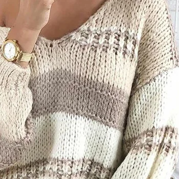 Mode Strikket Sweater kvinder Efterår/Vinter Nye Stil Sexet-V-Hals Stribet Mid-Længde Dame Trøjer Kvinder Casual Tøj Toppe