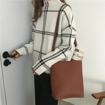 Vinter Nye Kvinder Trøjer Sweater Mode Plaid Løs Rullekrave Strik Fuld Ærme koreanske Casual Toppe
