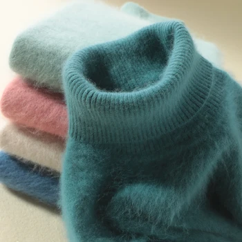 Vinteren Kvinder Sweater Solid Farve Mink Cashmere Rullekrave Strikkede Pullovers Slanke Bløde Kvindelige Langærmet Trøje