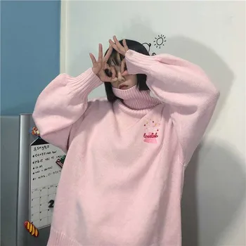 NiceMix Kawaii Tegnefilm Broderi Pink Rullekrave Lolita Vinter Efterår Løs Sweater Koreanske Overdimensionerede Pullover Harajuku Strik Top