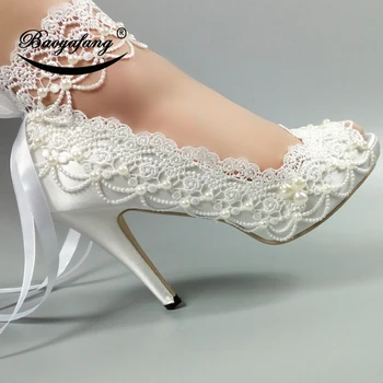BaoYaFang Ankel rem Dame bryllup sko Lace-Up Peep Toe Åbne side fashion sko kvinde Høje hæle platform sko Åben Tå