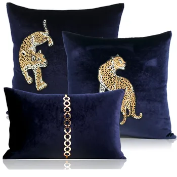 Brun/blå/sort luksus leopard embroideredvelvet talje pudebetræk sofa metal kæde ryg pude cove bed lænde-pude dække