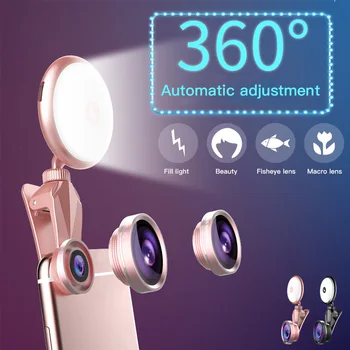 RK19S 9 Niveauer, Skønhed, Fylde Lys med Makro Vidvinkel Fisheye-Linse led Selfie Flash lys Ring til mobiltelefon Skyde 4600K