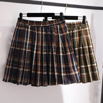 Plisseret Mini Nederdel England Stil Afslappet Plaid Mini Nederdel Elastisk Talje Plus Size Gitter Nederdele Falde 2020 Kvinder Tøj