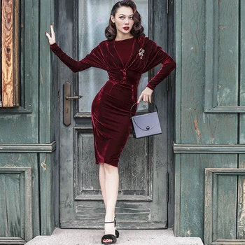 35 - vinter kvinder vintage 50'erne velvet vrikke blyant kjole i elegant bourgogne vestidos med kap kvinder plus size pinup kjoler