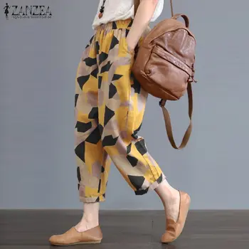 Kvinder ' s Harem Bukser 2021 ZANZEA Kaftan Geometriske Bukser med Print Foråret Bomuld Elastisk Talje Lange Pantalon Kvindelige Palazzo Majroe