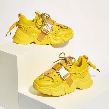 Fujin kvinder chunky sko platform gul hvid pink sorte forår sneakers foråret efteråret tyk sål spænde åndbar sko