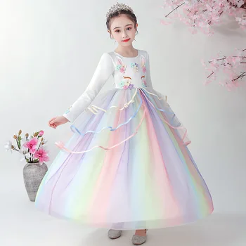 Efterår og vinter nye piger med lange ærmer Plys Unicorn print kjole pige fødselsdag Unicorn rolle dans kjole