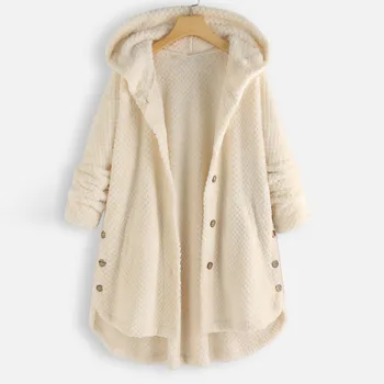 Kvinder Vinteren Varm Hætteklædte Frakker Plus Size Fleece Uregelmæssige Lange Ærmer-Knappen Lomme Hooded Coat manteau femme