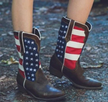 XingDeng Kvinder Amerikanske Flag Spids Tå Foråret Vestlige Cowboy Støvler Damer Punk Motorcykel Ridning Ankel Støvler Sko Størrelse 34-43