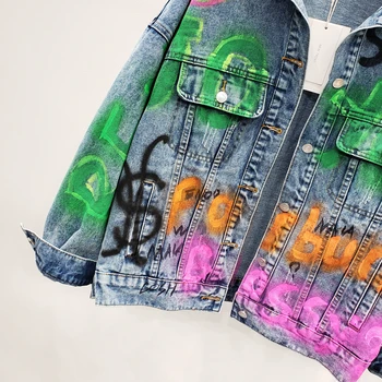 2020 Forår, Efterår Mode Brev Graffiti Jeans Jakker Kvinder Oversize BF Denim Frakke Kvinder Casual Løs Cowboy Outwear Toppe