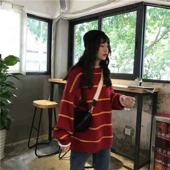 Rød Stribede Kvinder Ulzzang Vintage Løs Sweater Kvindelige Koreanske Overdimensionerede Harajuku Casual Tøj High Street Streetwear Sweater