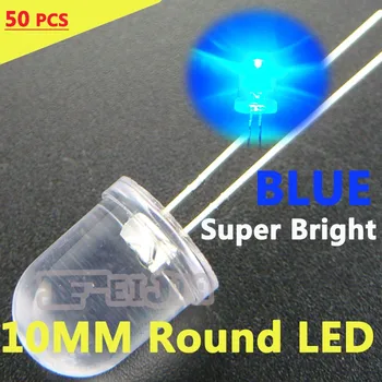 50stk/masse 10mm Rund Blå LED-Diode Lndicator lys Super lyse [Blue] DC3.2-3.4 V 20mA Gratis Fragt