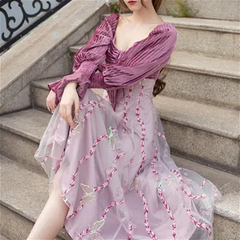 Fransk Vintage Kjole Kvinder Elegante Patchwork festlig Aften Midi Kjole kvindelige langærmet Et Stykke Klæde koreanske 2020 Efteråret
