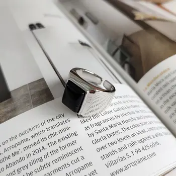 Silvology 925 Sterling Sølv Rektangel, Sort Agat Ringe Industrien Designer Stil Tykke Ringe Til Kvinder Nye Moderigtige Smykker