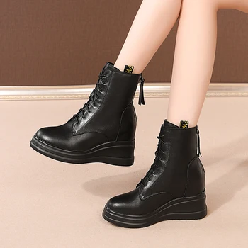 SKLFGXZY 2020 Nye vinter Japan Sydkorea Ægte læder ankel Kvinder støvler 8cm kiler Mode støvler sort Kvinder sko
