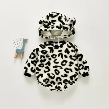 Mode Leopard Print Baby Body Vinteren Piger Og Drenge Bomuld, Tyk Fleece Varm Buksedragt Med Hat Småbørn Tøj Tøj