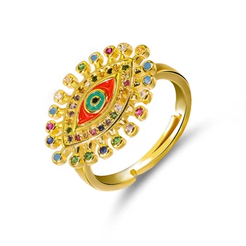 2020 Ny Boheme Regnbuens Farver Zirkonia Guld Ring For Kvinder Crown Blue Onde Øjne Åbne Justerbar Ring Party Smykker Gave