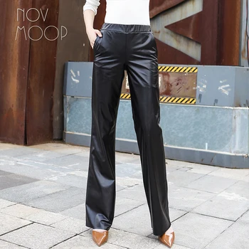 Office style damer sort ægte læder, lammeskind lange lige pants bukser med elastik i taljen pantalon femme LT2550 GRATIS SKIBET