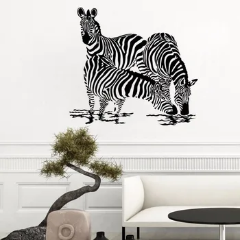 Afrikanske Dyr vægoverføringsbillede Tre Zebraer Drikkevand Silhuetter Wall Sticker Home Decor Jungle Wild Animal Vægmaleri AY1072