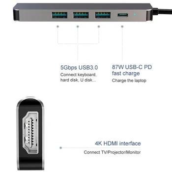 5-I-1 USB-C-HUB USB 3.0 HUB Type C USB-3.1 Splitter PD USB-C Dock Understøtter SD/TF Kort OTG-Adapteren Til Macbook HUAWEI P30 Samsung