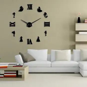 1Piece Havfrue og Prinsesse DIY Large Wall Clock vægur Eventyr Style 3D-Spejl Effekt Wall Sticker Væg Ur Piger Gave