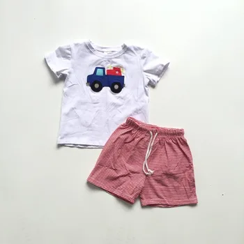 NYE ankomst baby dreng sommer outfit lastbil print top rød kallun bukser børn boutique bomuld tøj