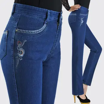 Midaldrende kvinder er høj talje elastisk lige denim bukser og store elegante mor casual jeans bukser r1321