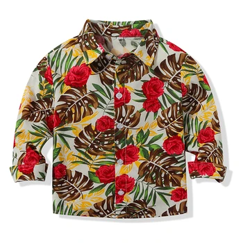 Wasailong drenge tøj Forår og efterår lange ærmer blad blomst mønster casual skjorte revers krave gentlemen ' s jakke+seler